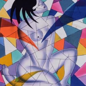 Batik Bild Stoffbild Frau vor Mosaik, 90 x 100 cm