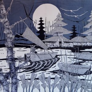 Batik Bild Stoffbild abendliche Landschaft, 90 x 140 cm – verkauft