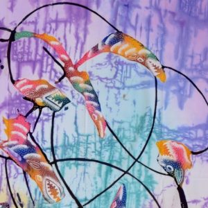 Batik balinesisches Stoffbild Fische im Kreis, 75 x 90 cm