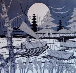 Batik Bild Stoffbild abendliche Landschaft, 90 x 140 cm – verkauft