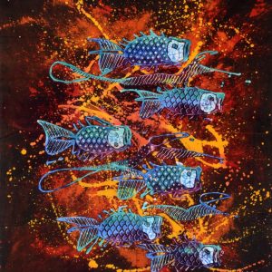 Batik balinesisches Stoffbild Fischeschwarm, 75 x 90 cm