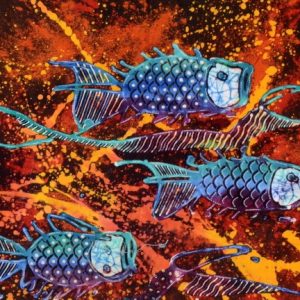 Batik balinesisches Stoffbild Fischeschwarm, 75 x 90 cm