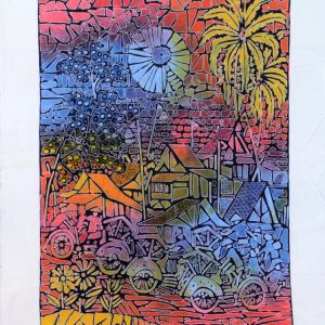 Batik Bild Stoffbild Dorfleben, 75 x 90 cm – verkauft