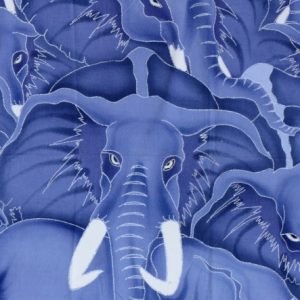 Batik balinesisches Stoffbild Elefanten Herde blau, 75 x 90 cm