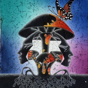 Batik balinesisches Stoffbild zwei Masken-Pilz, 75 x 90 cm