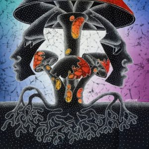 Batik balinesisches Stoffbild zwei Masken-Pilz, 75 x 90 cm