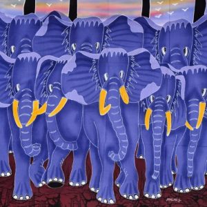 Batik balinesisches Stoffbild 8 Elefanten, 75 x 90 cm