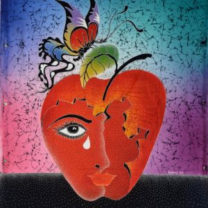 Batik Bild Stoffbild blickendes Apfel-Herz, 75 x 90 cm
