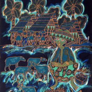 Batik Bild Stoffbild Landleben mit Tieren, 75 x 90 cm