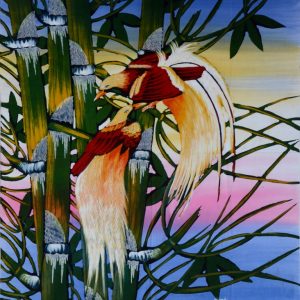 Batik balinesisches Stoffbild Paradiesvogel-Paar, 75 x 90 cm