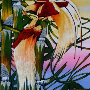 Batik balinesisches Stoffbild Paradiesvogel-Paar, 75 x 90 cm