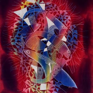 Batik balinesisches Stoffbild Fische verschlungen, 75 x 90 cm