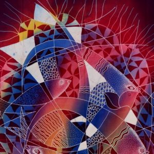 Batik balinesisches Stoffbild Fische verschlungen, 75 x 90 cm