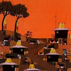 Batik Bild Stoffbild reges Dorfleben, 75 x 90 cm