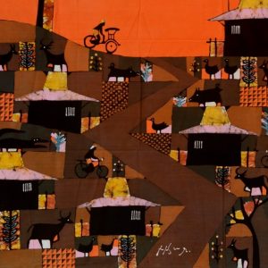Batik Bild Stoffbild reges Dorfleben, 75 x 90 cm