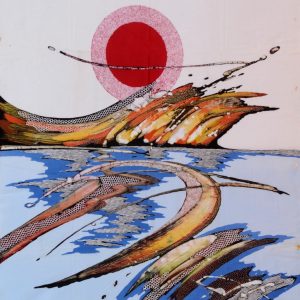 Batik Bild Stoffbild rote Sonne, 75 x 90 cm