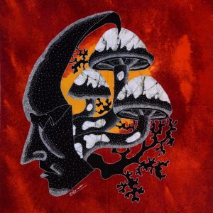 Batik balinesisches Stoffbild Maske Pilz, 75 x 90 cm