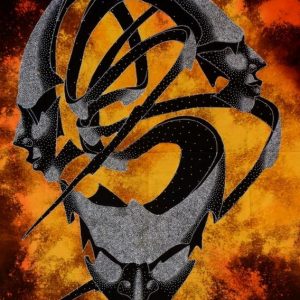Batik Bild Stoffbild 3 Masken in 3-D, 75 x 90 cm