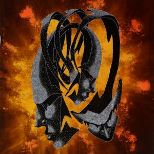 Batik balinesisches Stoffbild Masken Trio in 3-D, 75 x 90 cm