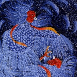Batik balinesisches Stoffbild Hühner-Paar, 75 x 90 cm