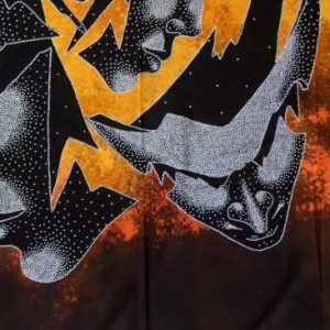 Batik balinesisches Stoffbild Masken Trio im Kreis, 75 x 90 cm