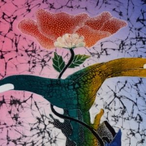 Batik balinesisches Stoffbild Blume im Schuh, 75 x 90 cm