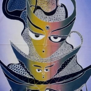 Batik balinesisches Stoffbild Masken Zahnrad, 75 x 90 cm