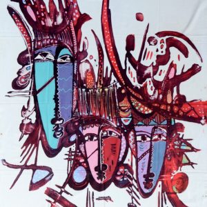 Batik balinesisches Stoffbild Masken farbig, 75 x 90 cm