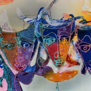 Batik balinesisches Stoffbild 5 bunte Masken, 45 x 140 cm