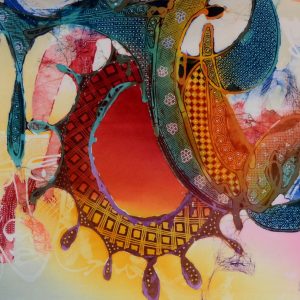 Batik balinesisches Stoffbild 5 bunte Masken, 45 x 140 cm
