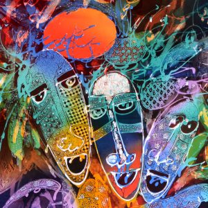Batik balinesisches Stoffbild Masken 75 x 90 cm