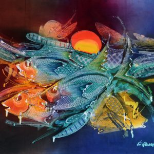 Batik balinesisches Stoffbild Fische Familie, 75 x 90 cm