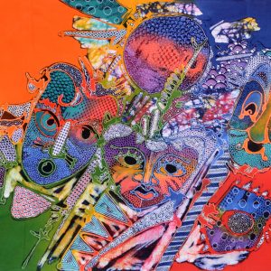 Batik balinesisches Stoffbild bunte Masken, 45 x 75 cm