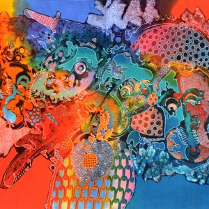 Batik balinesisches Stoffbild abstrakte bunte Masken, 45 x 75 cm
