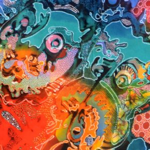Batik balinesisches Stoffbild abstrakte bunte Masken, 45 x 75 cm