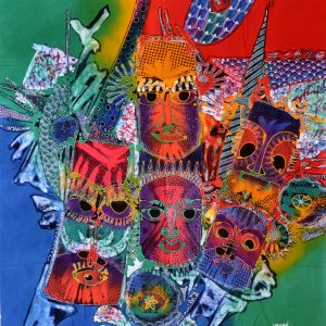 Batik balinesisches Stoffbild 5 Masken, 75 x 90 cm