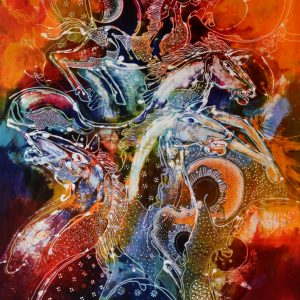 Batik balinesisches Stoffbild Pferde, 75 x 90 cm