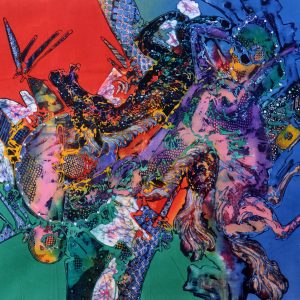 Batik balinesisches Stoffbild abstrakte bunte Motive, 75 x 90 cm