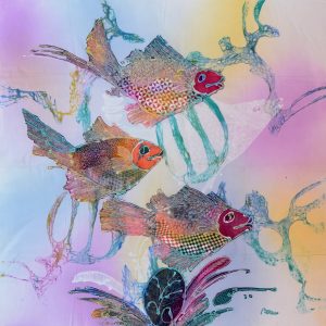 Batik balinesisches Stoffbild Fische Familie, 90 x 100 cm