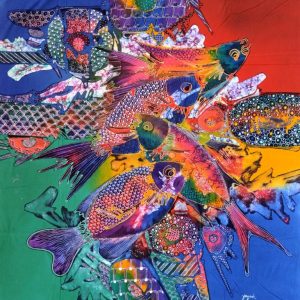 Batik balinesisches Stoffbild farbige Fische, 90 x 100 cm
