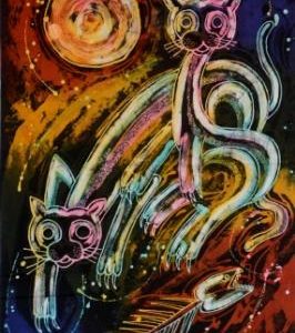 Batik balinesisches Stoffbild Katzen 45 x 75 cm