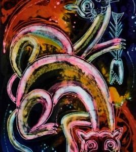 Batik balinesisches Stoffbild 2 Katzen 45 x 75 cm
