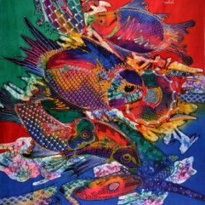 Batik balinesisches Stoffbild Fische Familie, 90 x 70 cm