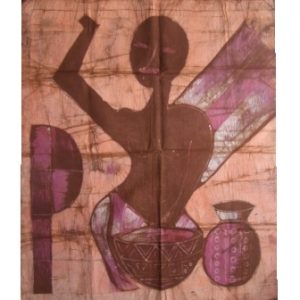 Batik afrikanisches Stoffbild Frau mit Wasserkrügen, 45 x 75 cm
