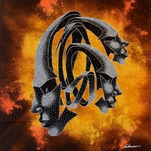 Batik balinesisches Stoffbild Masken 3-D-Trio, 45 x 50 cm