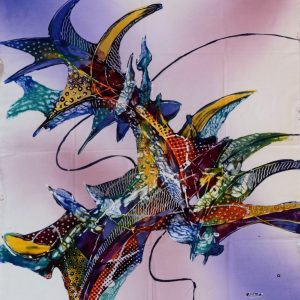 Batik balinesisches Stoffbild Vogel abstrakt, 75 x 90 cm