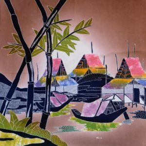 Batik Bild balinesisches Stoffbild Hütten-Motiv, 45 x 50 cm