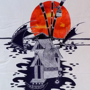 Batik Bild balinesisches Stoffbild roter Sonnenuntergang, 75 x 90 cm